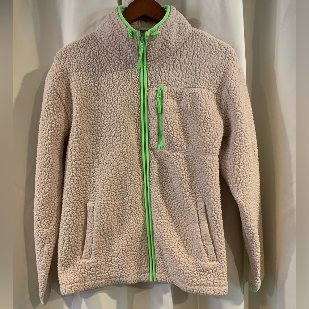 Pink VS Sherpa Teddy Zip Up Jacket Coat Cream Tan Neon Green size small